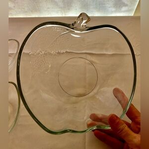 Vintage 1970s Large 9"  Apple Shaped Clear Glass Serving Bowl w/Leaf Detailing